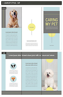 템플릿 표지디자인 표지 ZIP 내지 반려견 리플렛 하늘색 두마리 3단접지 팜플렛 사람없음 반려동물 노란색 강아지 돌봄 반려 인디자인 INDD 이미지템플릿 동물 컬러 2 모션 파란색 개 파일형식