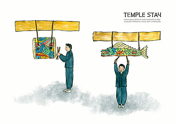 전신 PSD 남자 종교 어린이 불교 일러스트 수채화 사람 두명 컬러풀 부처님오신날 사찰 체험 힐링 번짐 법고 수양 템플스테이 국내일러스트 기념일 컬러 컨셉 종교건축 파일형식 효과