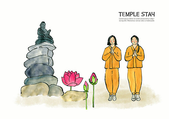 전신 PSD 여자 종교 불교 일러스트 수채화 연꽃 사람 성인 두명 부처님오신날 사찰 불상 힐링 부처 번짐 승복 합장 수양 템플스테이 국내일러스트 기념일 꽃 종교건축 손짓 체험 파일형식 효과