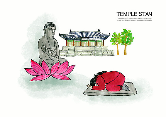 전신 PSD 나무 여자 종교 엎드리기 불교 일러스트 수채화 연꽃 한명 사람 성인 컬러풀 부처님오신날 절 사찰 불상 힐링 번짐 수양 템플스테이 108배 국내일러스트 식물 1 기념일 꽃 컬러 종교건축 모션 인사 체험 파일형식 효과