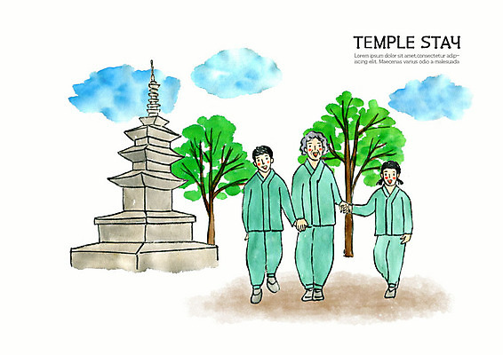 전신 PSD 나무 여자 노년 남자 종교 불교 일러스트 청소년 수채화 사람 세명 손잡기 산책 문화재 부처님오신날 사찰 석탑 힐링 번짐 수양 템플스테이 국내일러스트 식물 기념일 종교건축 모션 휴식 성인 탑 체험 파일형식 효과