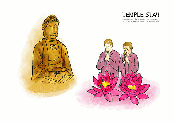 PSD 서양인 외국인 부부 커플 여자 남자 종교 불교 일러스트 수채화 연꽃 사람 상반신 성인 두명 부처님오신날 기도 사찰 불상 힐링 번짐 합장 수양 예불 템플스테이 국내일러스트 기념일 꽃 관계 종교건축 인종 손짓 체험 파일형식 효과