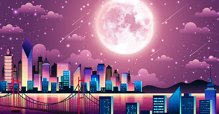 계절 별 백그라운드 야경 그래픽백그라운드 일러스트 밤하늘 빌딩 사람없음 건물 그래픽 강 보라색 보름달 달 도시 야간 가교 국내일러스트 AI파일 자연요소 건축물 컬러 하늘 파일형식 벡터 풍경_경치