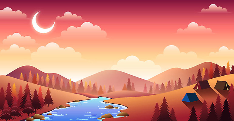 나무 계절 백그라운드 그래픽백그라운드 일러스트 산 텐트 풍경 사람없음 그래픽 빨간색 주황색 달 가을 개울 저녁 숲 언덕 가을배경 국내일러스트 AI파일 자연요소 식물 컬러 캠핑도구 강 야간 파일형식 벡터 가을_계절
