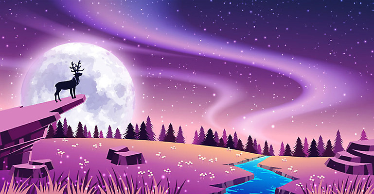 나무 한마리 계절 백그라운드 그래픽백그라운드 일러스트 사슴 풍경 초원 사람없음 그래픽 보라색 절벽 보름달 개울 야간 숲 오로라 국내일러스트 AI파일 자연요소 식물 1 컬러 포유류 자연현상 강 달 파일형식 벡터