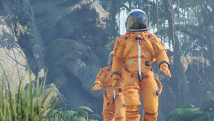 JPG 해외이미지 주간 나무 사람 야외 두명 3D 우주비행사 풀 디지털합성 우주복 쥬라기 해외포토 포토 자연요소 식물 옷 우주 파일형식 이미지허브