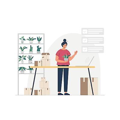 EPS 해외이미지 전신 라이프스타일 여자 화분 가사 일러스트 한명 서기 들기 성인 노트북 상자 스마트 주부 체크리스트 화분진열대 성인여자한명만 해외일러스트 1 컨셉 모션 사람 생활 전자제품 진열장 여자한명만 성인여자만 파일형식 벡터 이미지허브