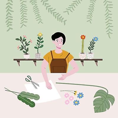 EPS 해외이미지 전신 라이프스타일 여자 꽃 화분 종이 잎 일러스트 한명 미소 상반신 성인 꽃병 원예 만들기 조경가위 성인여자한명만 홈가드닝 해외일러스트 식물 1 모션 가위_도구 표정 사람 취미 생활 여자한명만 성인여자만 파일형식 벡터 이미지허브