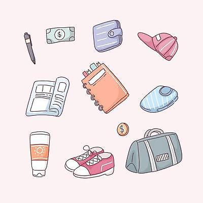 EPS 해외이미지 옷 여행 신발 지폐 일러스트 휴가 사람없음 책 세트 펜 여행가방 다이어리 동전 공책 지갑 선크림 엘리먼트 캡모자 해외일러스트 모자_잡화 돈 가방 문구용품 필기구 사무용품 화장품 파일형식 벡터 이미지허브