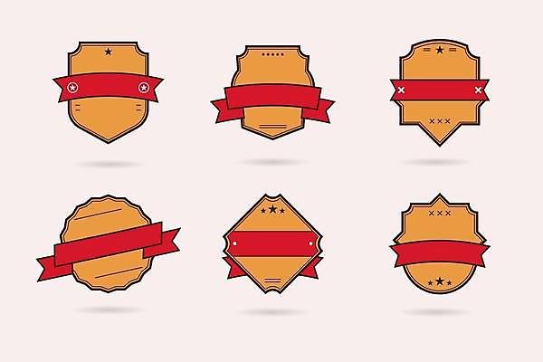 EPS 해외이미지 디자인 리본 일러스트 사람없음 세트 라벨 주황색 빈티지 심볼 복고 마름모 방패모양 해외일러스트 모양 도형 컬러 컨셉 프레임 방패 파일형식 벡터 이미지허브