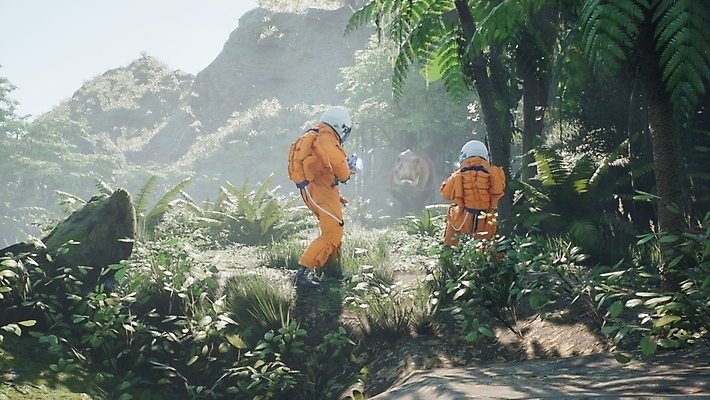 JPG 해외이미지 주간 나무 한마리 들기 사람 야외 두명 3D 총 우주비행사 풀 디지털합성 공룡 우주복 고생물 티라노사우루스 쥬라기 해외포토 포토 자연요소 식물 1 옷 무기 파충류 모션 생물 우주 육식공룡 파일형식 이미지허브