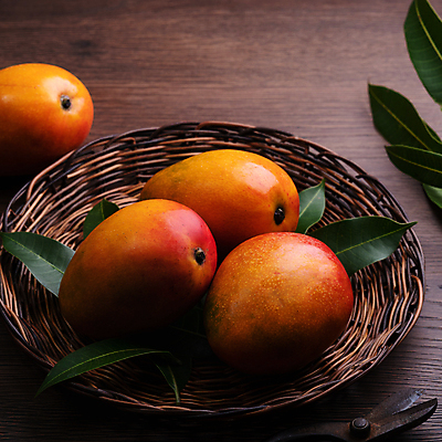 포토 JPG 해외이미지 잎 사람없음 소쿠리 달콤 망고 나무탁자 해외포토 식물 탁자 바구니 맛 열대과일 파일형식 이미지허브