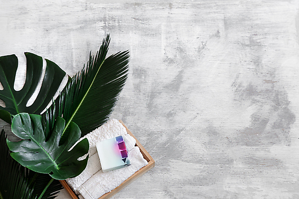 포토 JPG 해외이미지 사람없음 하이앵글 수건 오브젝트 스파용품 야자수잎 바디케어 열대잎 해외포토 뷰포인트 잎 위생용품 스파 파일형식 이미지허브