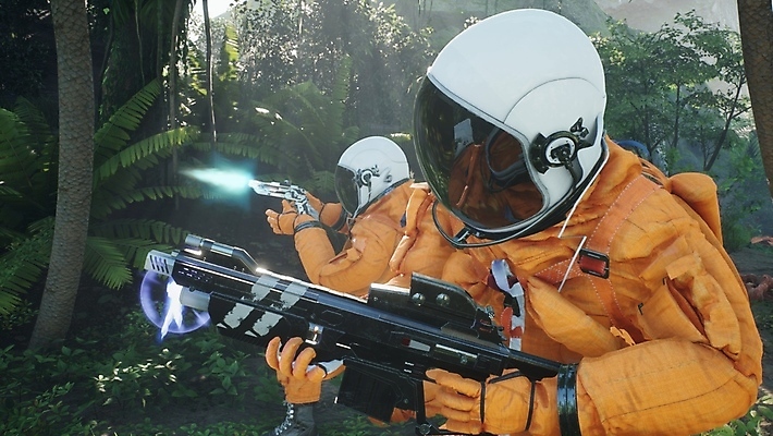 JPG 해외이미지 주간 나무 들기 사람 야외 두명 3D 총 우주비행사 풀 디지털합성 우주복 고생물 쥬라기 해외포토 포토 자연요소 식물 옷 무기 모션 생물 우주 파일형식 이미지허브