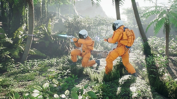 JPG 해외이미지 주간 나무 들기 사람 야외 두명 3D 총 우주비행사 풀 디지털합성 우주복 쥬라기 해외포토 포토 자연요소 식물 옷 무기 모션 우주 파일형식 이미지허브