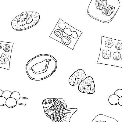 EPS 해외이미지 전통 디자인 패턴 일러스트 포장 밥 디저트 요리 동양인 과자 케이크 식당 일본 검은색 저녁식사 카페 흰색 투명 달콤 낙서 만화 메뉴 그림 점심식사 해외일러스트 아시아 음식 컬러 무늬 인종 상점 식사 맛 파일형식 벡터 이미지허브