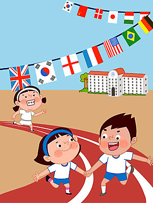 전신 여자 남자 어린이라이프 초등학생 어린이 일러스트 학교 사람 세명 친구 달리기 스쿨라이프 손잡기 운동장 즐거움 트랙 체육복 체육대회 만국기 백팀 운동회날 청팀 어린이만 국내일러스트 AI파일 학생 라이프스타일 교육 감정 스포츠시설 관계 모션 운동복 공간 국기 체육 대회 파일형식 벡터