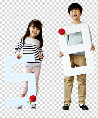 전신 편집이미지 여자 남자 초등학생 어린이 서기 미소 웃음 들기 소녀 소년 두명 앞모습 숫자 유치원생 한국인 어버이날 카네이션 감사 PNG 어린이만 편집소스 문자 학생 기념일 꽃 감정 뷰포인트 모션 표정 사람 동양인 파일형식
