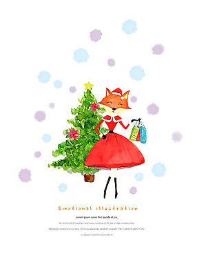 PSD 동물 캐릭터 한마리 동물캐릭터 크리스마스 일러스트 산타옷 수채화 부츠 따뜻함 사람없음 쇼핑백 크리스마스트리 눈송이 여우 감성 국내일러스트 일러캐릭터 1 옷 기념일 신발 컨셉 가방 포유류 눈_날씨 파일형식