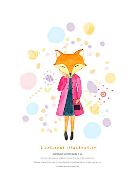 PSD 동물 캐릭터 한마리 동물캐릭터 일러스트 수채화 따뜻함 사람없음 핸드백 코트 여우 감성 멋 멋쟁이 국내일러스트 일러캐릭터 1 컨셉 가방 포유류 외투 파일형식