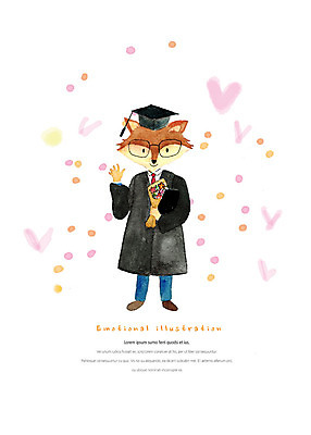 PSD 동물 캐릭터 한마리 꽃다발 동물캐릭터 일러스트 학사모 졸업 수채화 따뜻함 사람없음 하트 졸업가운 여우 감성 국내일러스트 일러캐릭터 모양 모자_잡화 1 교육 꽃 컨셉 포유류 가운 파일형식