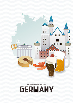행복 여행 일러스트 휴가 맥주 독일 사람없음 관광지 세계 세계여행 소시지 독일지도 베를린성당 브란덴부르크문 브레첼 국내일러스트 AI파일 감정 유럽 지도 디저트 주류 성당 가공식품 파일형식 벡터