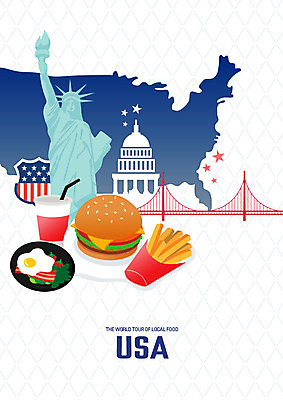 행복 여행 일러스트 휴가 패스트푸드 사람없음 세계 미국 감자튀김 햄버거 세계여행 성조기 자유의여신상 베이컨 국회의사당 금문교 미국여행 미국음식 미국지도 국내일러스트 AI파일 감정 해외여행 지도 북아메리카 감자 서양음식 돼지고기 세계문화유산 튀김 다리_건축물 국기 인스턴트 파일형식 벡터