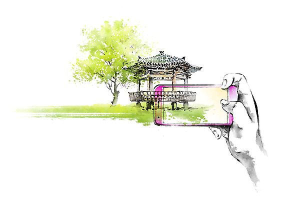 PSD 나무 손 분홍색 일러스트 캘리그라피 자연 붓터치 한손 들기 풍경 손짓 신체부위 초록색 스마트폰 스크린 사진촬영 촬영 터치 추억 정자 힐링 번짐 국내일러스트 식물 건축물 컬러 컨셉 모션 사람 핸드폰 스마트기기 생태계 파일형식 효과