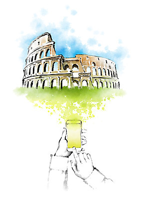 PSD 해외풍경 일러스트 캘리그라피 붓터치 들기 풍경 손짓 신체부위 초록색 파란색 스마트폰 스크린 사진촬영 촬영 터치 양손 추억 로마 힐링 번짐 콜로세움 랜드마크 국내일러스트 해외 손 컬러 컨셉 모션 사람 핸드폰 스마트기기 이탈리아 파일형식 효과