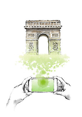 PSD 해외풍경 일러스트 캘리그라피 붓터치 들기 풍경 손짓 신체부위 초록색 스마트폰 스크린 사진촬영 촬영 터치 양손 프랑스 추억 힐링 번짐 개선문 랜드마크 국내일러스트 해외 손 유럽 컬러 컨셉 모션 사람 핸드폰 스마트기기 파일형식 효과