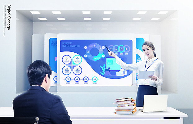 PSD 편집이미지 여자 남자 비즈니스 회의 사람 상반신 20대 성인 두명 앞모습 뒷모습 파란색 노트북 디지털 스크린 한국인 흰색 가리킴 비즈니스맨 비즈니스우먼 프레젠테이션 책상 문서 파일 카피스페이스 디지털사이니지 이미지편집 뷰포인트 컬러 가구 동양인 손짓 청년 전자제품 공백 직장인 파일형식