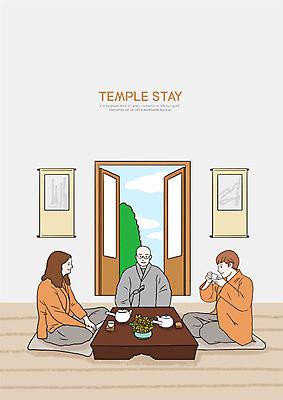 전신 PSD 여자 남자 꽃 불교 일러스트 실내 사람 앉기 상반신 성인 세명 문 방 마시기 차 편안함 찻잔 승려 즐거움 승복 템플스테이 국내일러스트 식물 감정 종교 음료 모션 잔 내부 체험 감각 성직자 파일형식