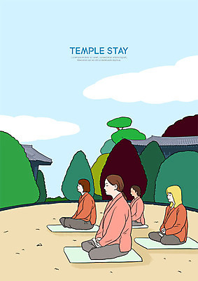 전신 PSD 나무 여자 불교 일러스트 자연 사람 앉기 여러명 성인 편안함 즐거움 명상 기와지붕 템플스테이 차분 국내일러스트 식물 감정 종교 다수 컨셉 모션 지붕 기와 체험 감각 생태계 파일형식