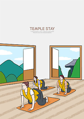 전신 PSD 나무 여자 불교 일러스트 자연 실내 사람 성인 세명 여름 문 방 요가자세 매트 오픈 숲 편안함 즐거움 템플스테이 국내일러스트 식물 계절 감정 종교 포즈 요가 내부 체험 감각 생태계 파일형식