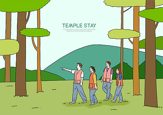 전신 PSD 나무 여자 남자 불교 일러스트 자연 사람 잔디 여러명 성인 컬러풀 걷기 산책 가리킴 숲 편안함 즐거움 산속 템플스테이 국내일러스트 식물 감정 종교 컬러 다수 모션 휴식 산 손짓 체험 감각 생태계 파일형식
