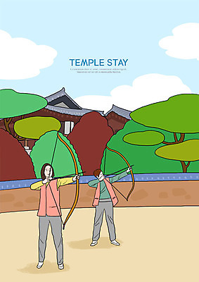 전신 PSD 나무 여자 불교 일러스트 사람 성인 두명 담장 컬러풀 정원 사찰 체험 편안함 즐거움 기와지붕 활쏘기 신중 템플스테이 국내일러스트 식물 감정 종교 컬러 컨셉 종교건축 모션 지붕 기와 감각 파일형식