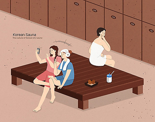 전신 PSD 한국문화 여자 분홍색 일러스트 휴식 실내 사람 앉기 성인 세명 목욕탕 셀프카메라 사우나 불쾌함 식혜 구운계란 찜질방 비매너 불편함 국내일러스트 동양문화 감정 음료 컬러 컨셉 모션 한국 내부 계란 사진촬영 감각 전통차 파일형식