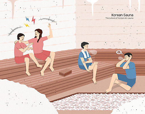 전신 PSD 한국문화 여자 남자 분홍색 일러스트 휴식 실내 사람 앉기 여러명 성인 갈색 짜증 시끄러움 수다 사우나 불쾌함 불만 찜질방 비매너 국내일러스트 동양문화 감정 컬러 다수 컨셉 모션 한국 대화 내부 파일형식