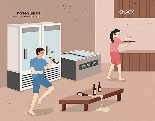 전신 PSD 한국문화 여자 남자 일러스트 탁자 휴식 쟁반 들기 사람 성인 두명 갈색 짜증 만취 냉장고 맥주병 시끄러움 사우나 불쾌함 불만 찜질방 컵라면 비매너 땀흘리기 국내일러스트 동양문화 감정 컬러 가구 컨셉 모션 술병 맥주 한국 가전제품 라면 술취함 파일형식