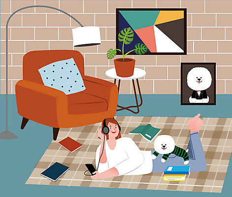 전신 한마리 우먼라이프 라이프스타일 여자 화분 반려견 음악 엎드리기 액자 일러스트 휴식 전등 한명 사람 성인 취미 일상 스마트폰 반려동물 소파 헤드셋 카펫 음악감상 강아지 싱글 반려 싱글라이프 성인여자한명만 욜로라이프 소확행 혼족 국내일러스트 AI파일 동물 1 음향기기 컨셉 의자 모션 문화예술 조명 라이프 생활 핸드폰 스마트기기 헤드폰 감상 개 신조어 여자한명만 성인여자만 파일형식 벡터