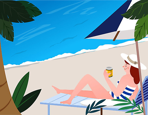 전신 우먼라이프 라이프스타일 여자 바다 여행 일러스트 휴식 한명 사람 성인 취미 해변 일상 야자수 파라솔 싱글 선베드 캔맥주 싱글라이프 성인여자한명만 욜로라이프 소확행 혼족 국내일러스트 AI파일 나무 1 컨셉 의자 맥주 라이프 생활 캔 신조어 여자한명만 성인여자만 파일형식 벡터