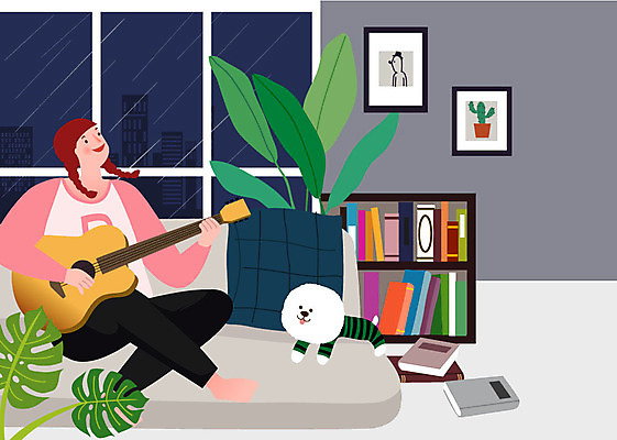 전신 한마리 우먼라이프 라이프스타일 여자 화분 반려견 음악 액자 연주 일러스트 책장 한명 사람 성인 취미 일상 반려동물 기타 강아지 창가 싱글 반려 싱글라이프 성인여자한명만 욜로라이프 소확행 혼족 국내일러스트 AI파일 동물 1 가구 창문 현악기 문화예술 라이프 생활 개 신조어 여자한명만 성인여자만 파일형식 벡터