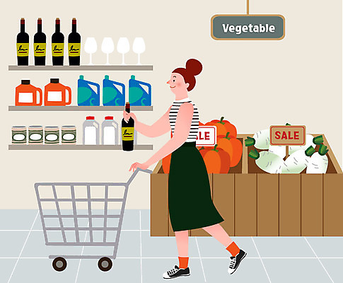 전신 우먼라이프 라이프스타일 여자 일러스트 호박 한명 사람 성인 취미 일상 쇼핑 장보기 와인 쇼핑카 상품 무 세제 싱글 마트 싱글라이프 성인여자한명만 욜로라이프 소확행 혼족 국내일러스트 AI파일 1 채소 뿌리채소 주류 라이프 생활 상점 카트 신조어 여자한명만 성인여자만 파일형식 벡터