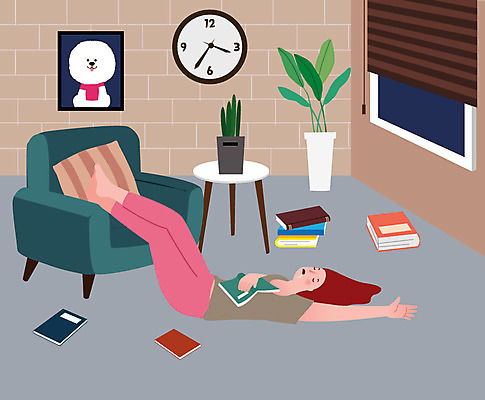 전신 우먼라이프 라이프스타일 여자 화분 시계 액자 쿠션 일러스트 바닥 한명 사람 성인 취미 일상 책 잠 싱글 낮잠 책더미 싱글라이프 성인여자한명만 욜로라이프 소확행 혼족 국내일러스트 AI파일 1 라이프 생활 신조어 무더기 여자한명만 성인여자만 파일형식 벡터