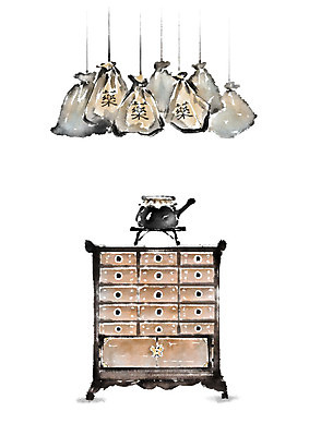 PSD 일러스트 캘리그라피 붓터치 흑백 사람없음 한의학 약재 창고 서랍장 번짐 약봉지 탕약기 국내일러스트 가구 의학 촬영기법 약 파일형식 효과