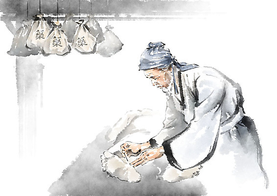 PSD 노년 남자 일러스트 캘리그라피 발 붓터치 흑백 사람 상반신 성인 두명 신체부위 한의학 환자 하반신 번짐 한의사 시술 침술 약봉지 남자만 국내일러스트 의학 촬영기법 의사 파일형식 효과