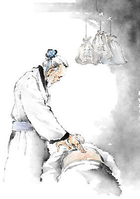 PSD 노년 남자 일러스트 캘리그라피 붓터치 흑백 사람 상반신 성인 두명 파란색 진료 한의학 환자 번짐 한의사 시술 약봉지 복부 남자만 국내일러스트 컬러 의학 촬영기법 신체부위 의사 파일형식 효과