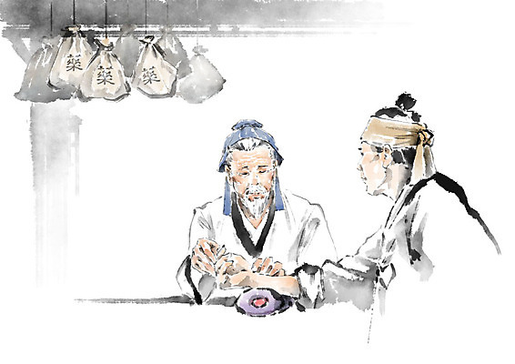 PSD 노년 남자 일러스트 캘리그라피 붓터치 흑백 사람 상반신 성인 두명 파란색 진료 한의학 환자 약재 맥박 손목 번짐 상투 한의사 시술 약봉투 진맥 남자만 국내일러스트 컬러 의학 봉투 촬영기법 신체부위 약 의사 파일형식 효과