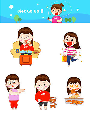 전신 캐릭터 여자 다이어트 일러스트 성공 건강 사람 여러명 상반신 성인 파란색 쇼핑 햄버거 실패 한숨 떡볶이 먹기 비만 날씬함 줄넘기 복부비만 살 식이조절 성인여자만 일러캐릭터 AI파일 컬러 다수 컨셉 모션 패스트푸드 운동 좌절 분식 몸매 여자만 성인만 파일형식 벡터
