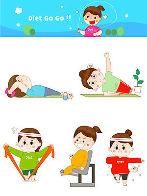 전신 캐릭터 여자 다이어트 일러스트 건강 사람 여러명 상반신 성인 파란색 눕기 운동 운동기구 헬스 아령 웨이트트레이닝 줄넘기 맨손체조 헬스밴드 성인여자만 일러캐릭터 AI파일 컬러 다수 모션 체조 여자만 성인만 파일형식 벡터